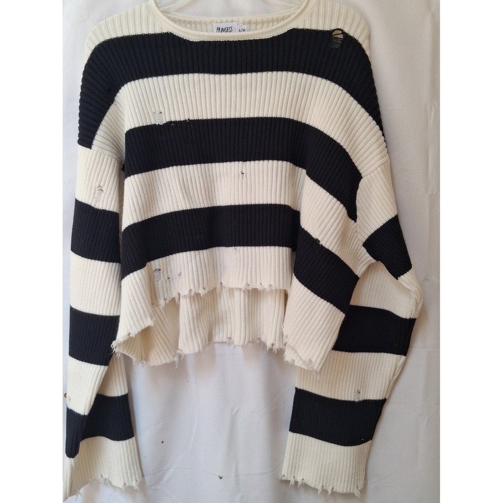 Princess Polly Black White Striped Distressed Cropped Knit Sweater S/M